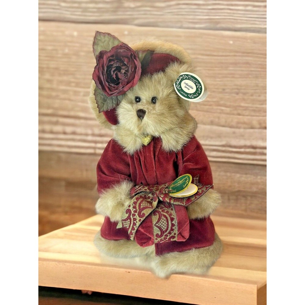 Bearington Virginia Bear Plush #1072 Articulated Red Dress & Gift With Stand 15"